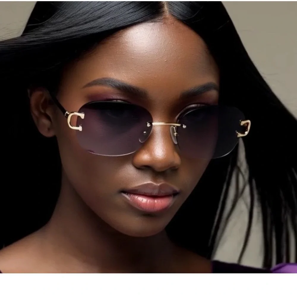 Classic Elegant Modern Sophisticated SUNGLASSES Rimless Gold Frame Black Lens‎